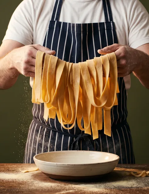 Hands lifting ribbons of fresh pappardelle above a bowl