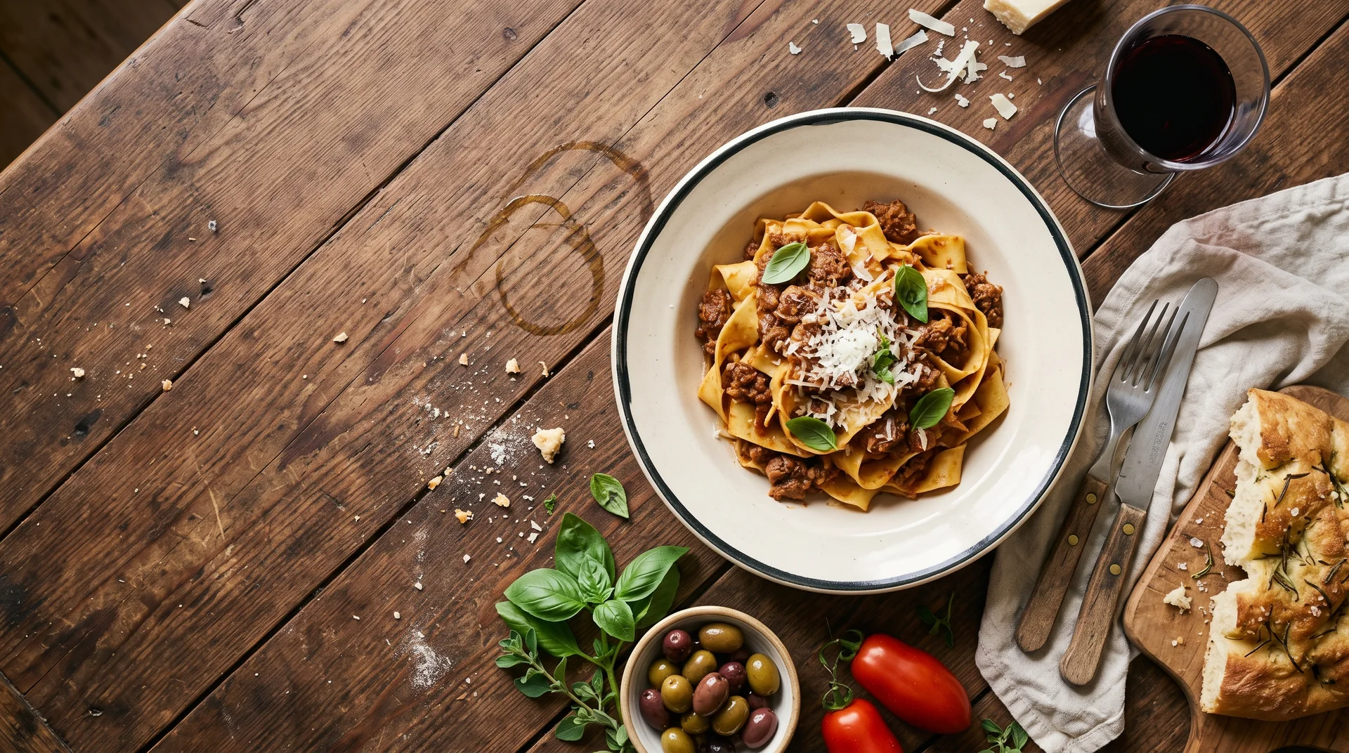 The finished pappardelle al ragù on the table, surrounded by everything it is made of — focaccia, olives, tomatoes, basil, pecorino and a glass of red