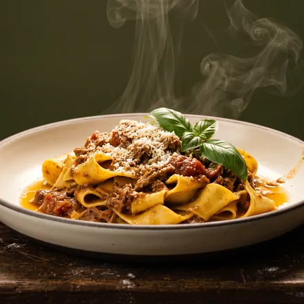 Pappardelle al ragù with basil and parmigiano
