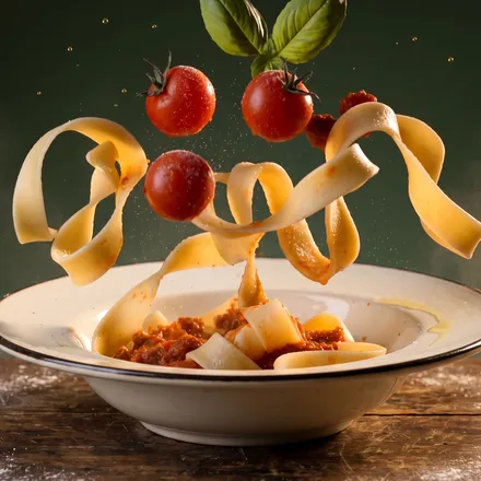Pappardelle, tomatoes and basil caught mid-air above a bowl