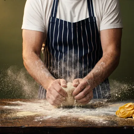 Fresh dough pressed out on a floured bench