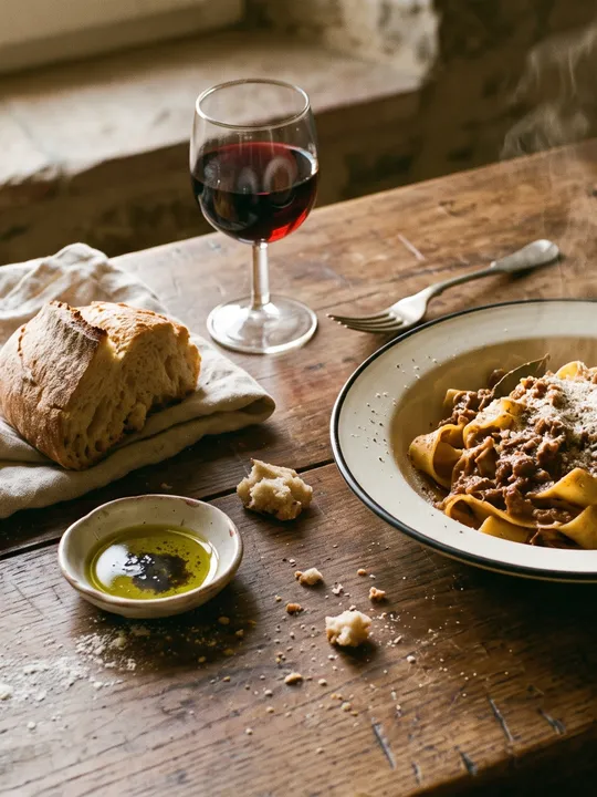 A window-lit table set with pasta, bread, olive oil and a glass of red
