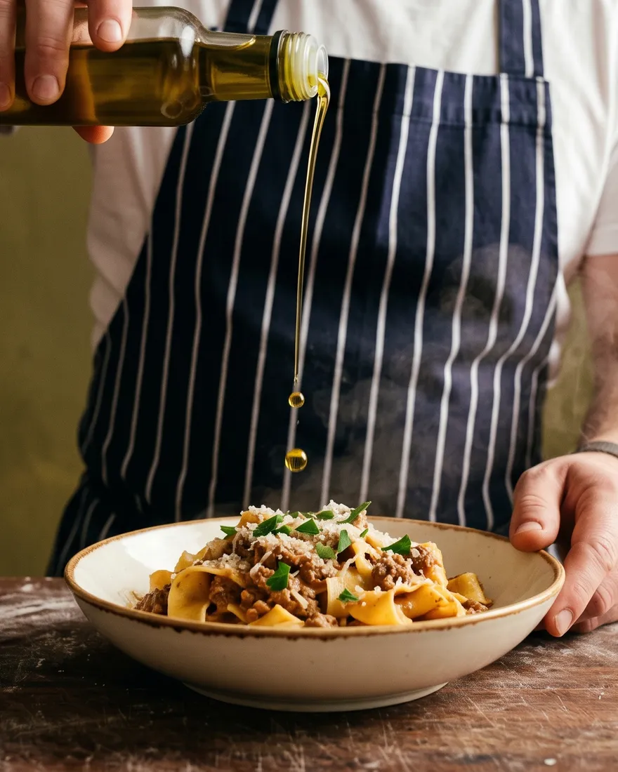 Olive oil poured over a plate of pappardelle al ragù
